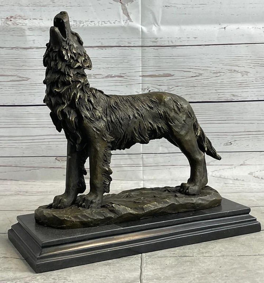 Howling Wolf Original Bronze Sculpture Signed by Miguel Lopez on Marble Base - 11" x 11.5" (1 of 6)
