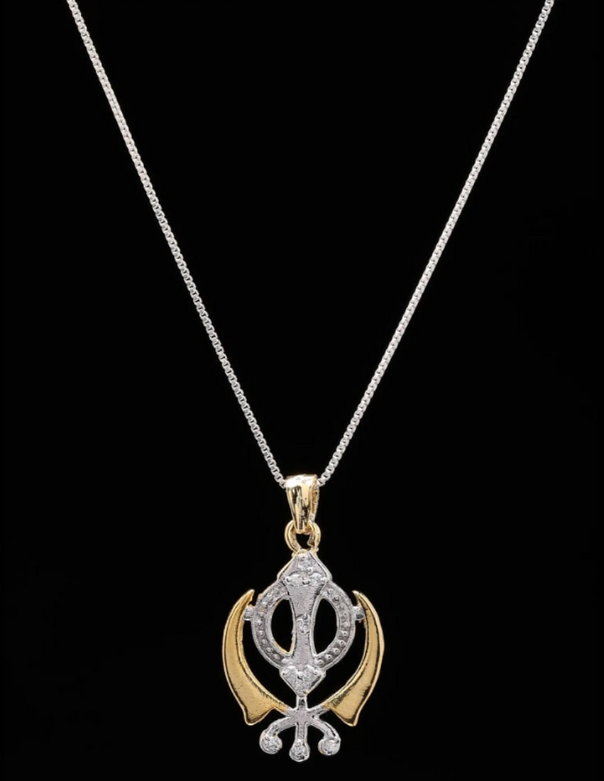 Sikh Khanda Brass Pendant: Sikh Khanda Brass Pendant This brass pendant features the Khanda, a central emblem of Sikhism symbolizing faith, courage, and spiritual authority. The finely crafted design captures the essence of