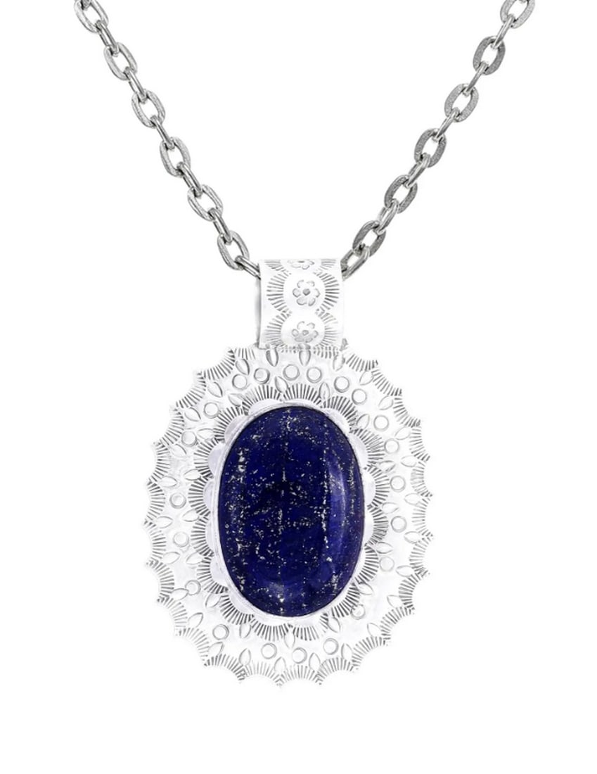 Midnight Oasis Pendant: Midnight Oasis Pendant Enhance your look with a striking sterling silver pendant featuring a captivating lapis lazuli stone. This accessory combines expert craftsmanship with the natural beauty of