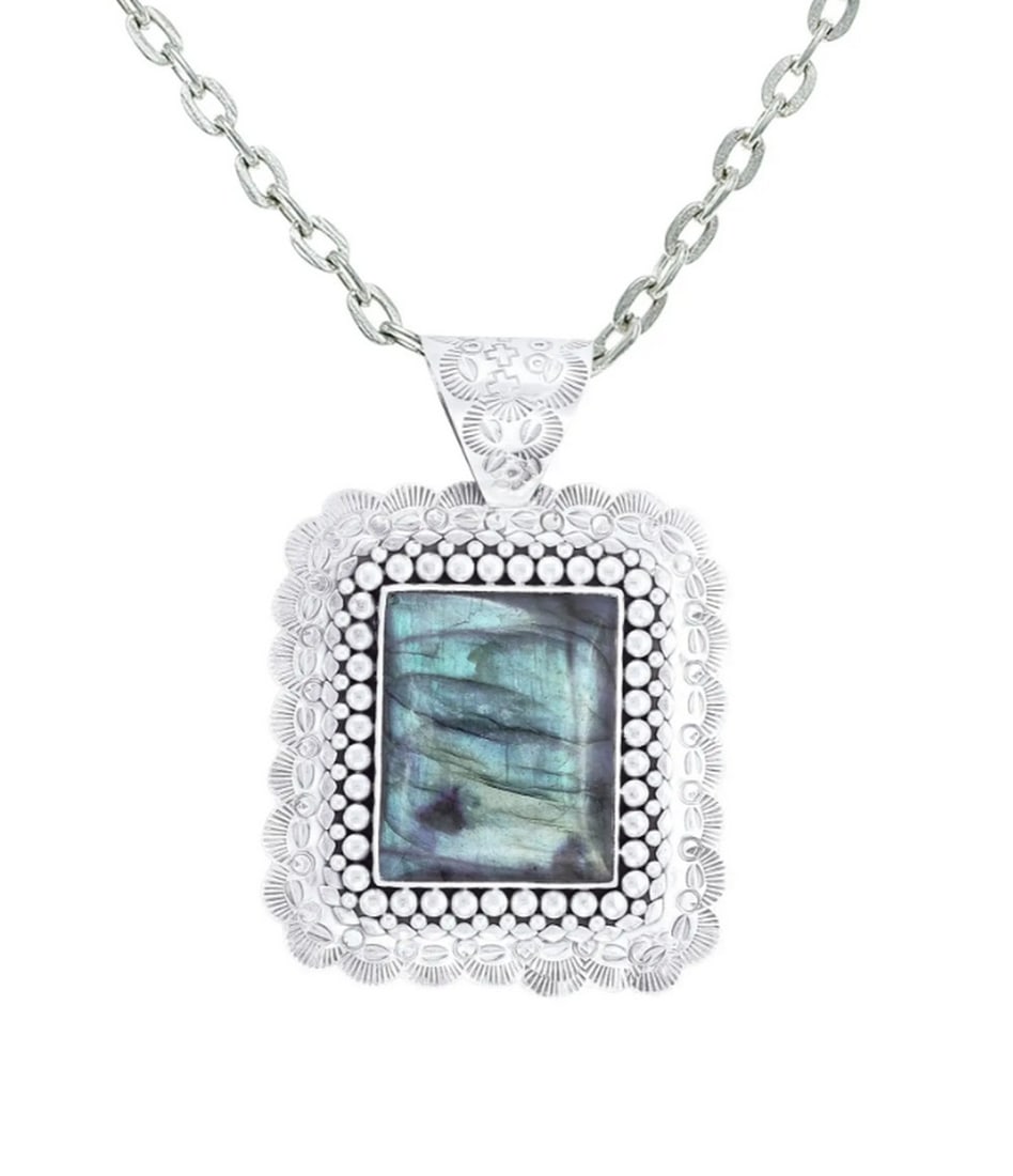 Ethereal Glow Square Pendant: Ethereal Glow Square Pendant Enhance your look with a striking square-shaped sterling silver pendant adorned with a mesmerizing labradorite stone. The silver setting accentuates the stone's