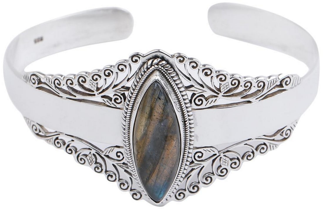 Marquise Cut Labradorite Cuff Bracelet (Adjustable Size): Marquise Cut Labradorite Cuff Bracelet (Adjustable Size) This stunning sterling silver cuff bracelet features a marquise-cut Labradorite, celebrated for its iridescent flashes of blue, green, and