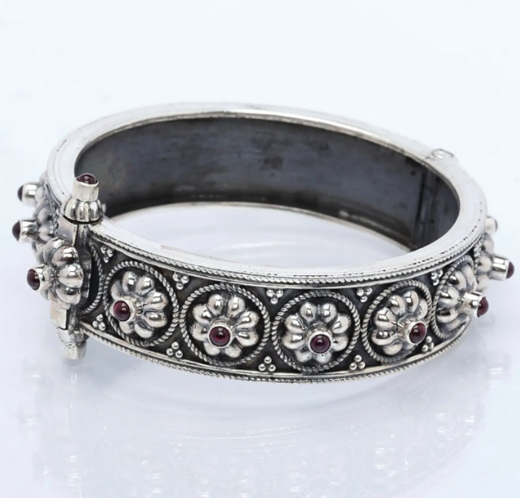 Sterling Silver Hinged Bangle with Garnet Accents - 2