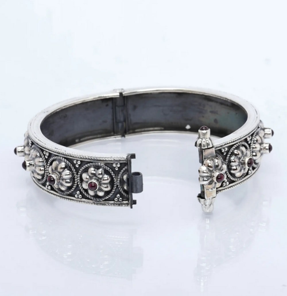 Sterling Silver Hinged Bangle with Garnet Accents - 3