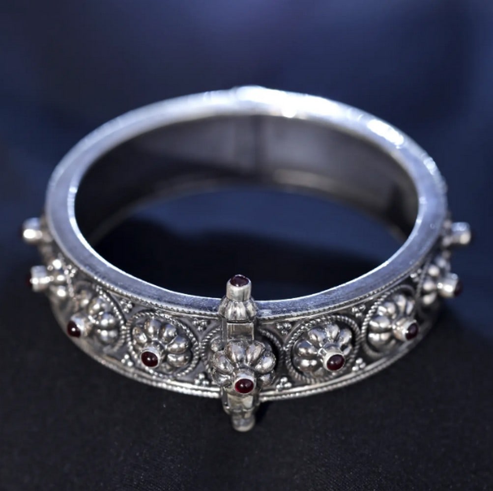 Sterling Silver Hinged Bangle with Garnet Accents - 4