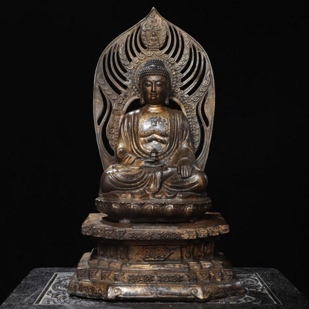 Chinese Antique Backlit Shakyamuni Buddha Pure Copper Statue (1 of 5)