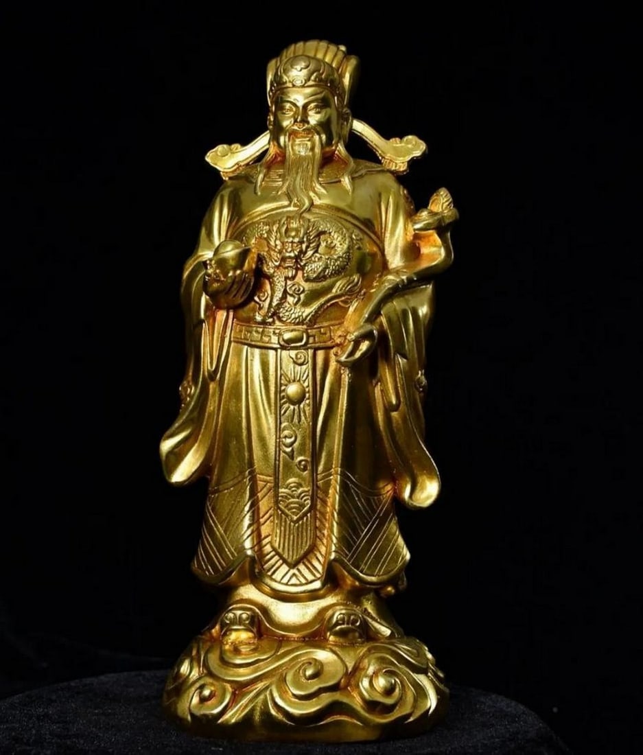 Chinese Antique Handmade Pure Copper Gilt High Relief Engraved God of Wealth Buddha Statue: Chinese Antique Handmade Pure Copper Gilt High Relief Engraved God of Wealth Buddha Statue An exquisite Chinese antique Buddha statue representing the God of Wealth, meticulously handmade from pure co