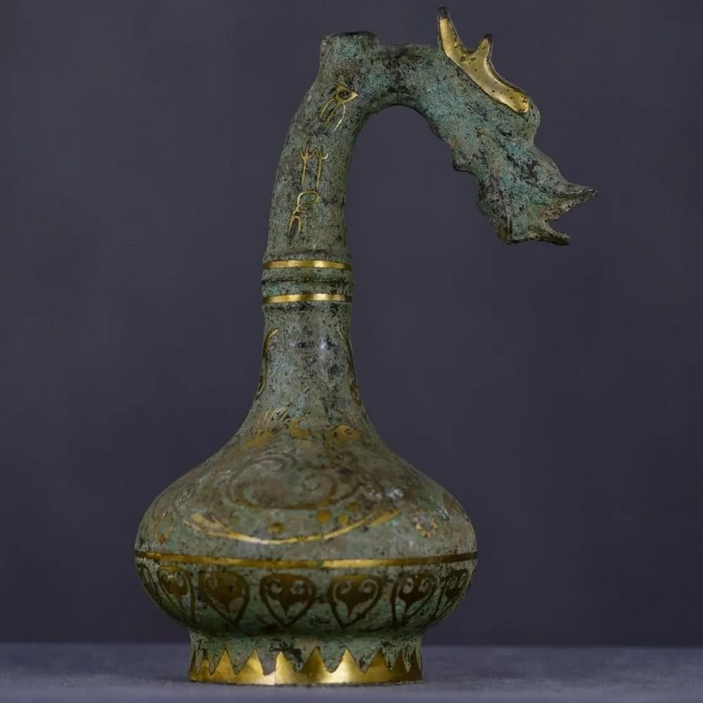 Antique Bronze Dragon Head Bottle with Gold Inlay Statue (1 of 8)