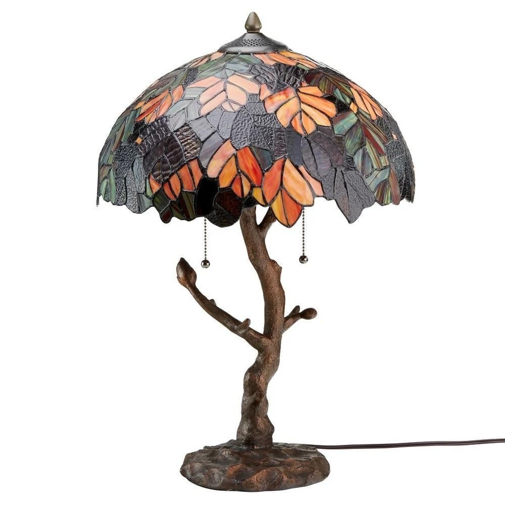 Rustic Maple Leaf Tiffany-Style Table Lamp – Tree Trunk Base - 3