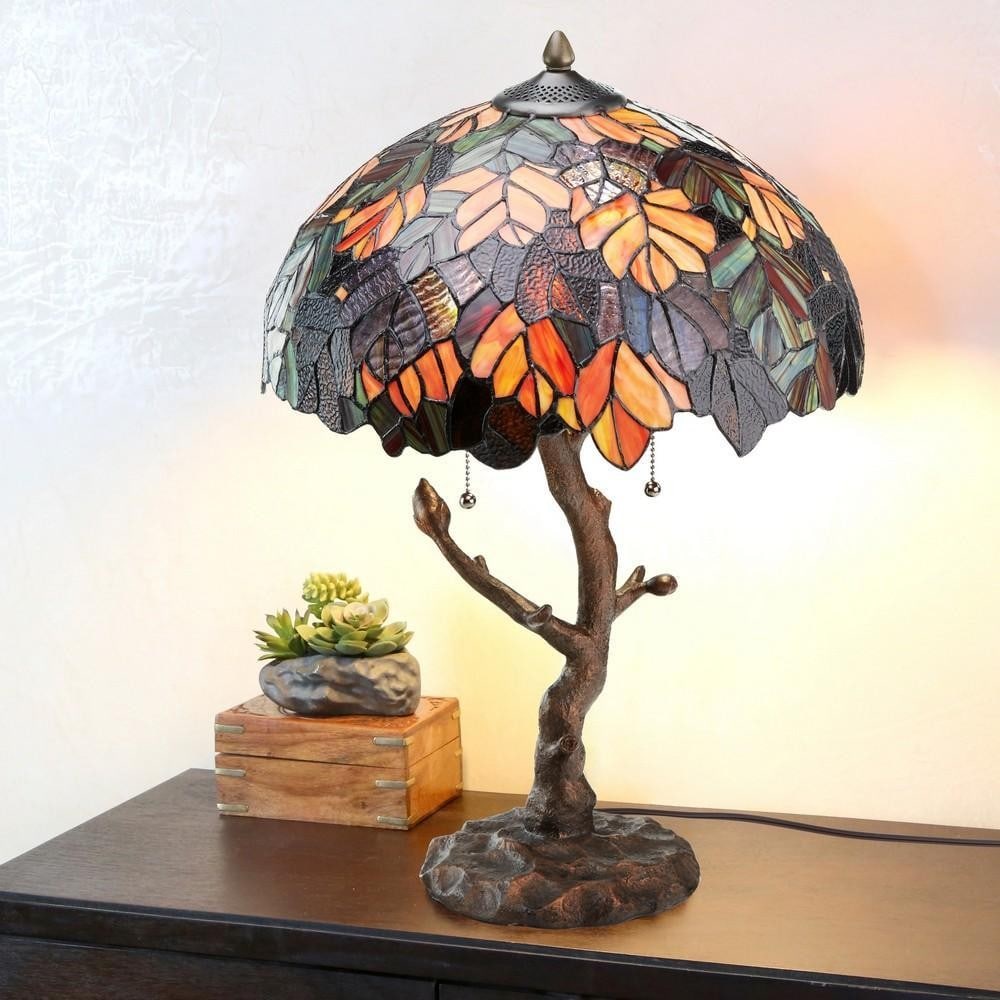 Rustic Maple Leaf Tiffany-Style Table Lamp – Tree Trunk Base - 7