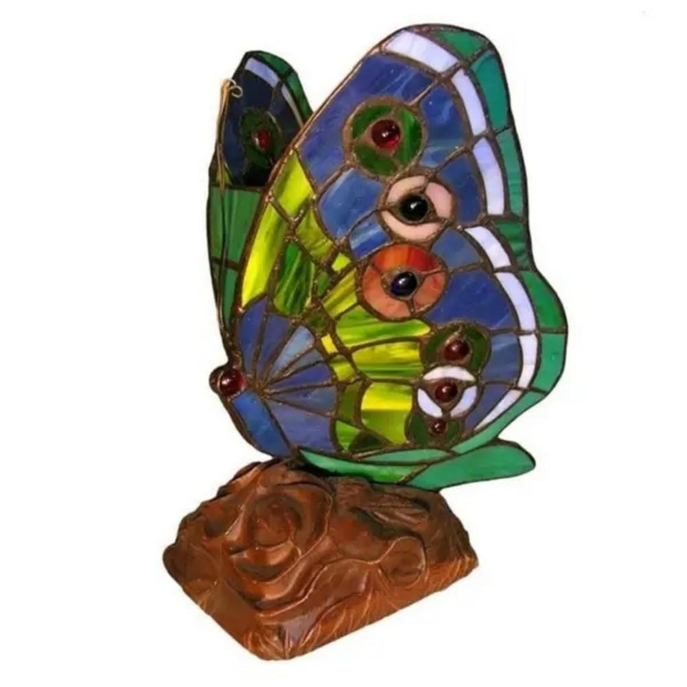 Jewel-Accented Green Butterfly Tiffany-Style Table Lamp: Jewel-Accented Green Butterfly Tiffany-Style Table Lamp Tiffany-style butterfly table lamp handcrafted using the traditional copper foil technique originally popularized by Louis Comfort Tiffany. The