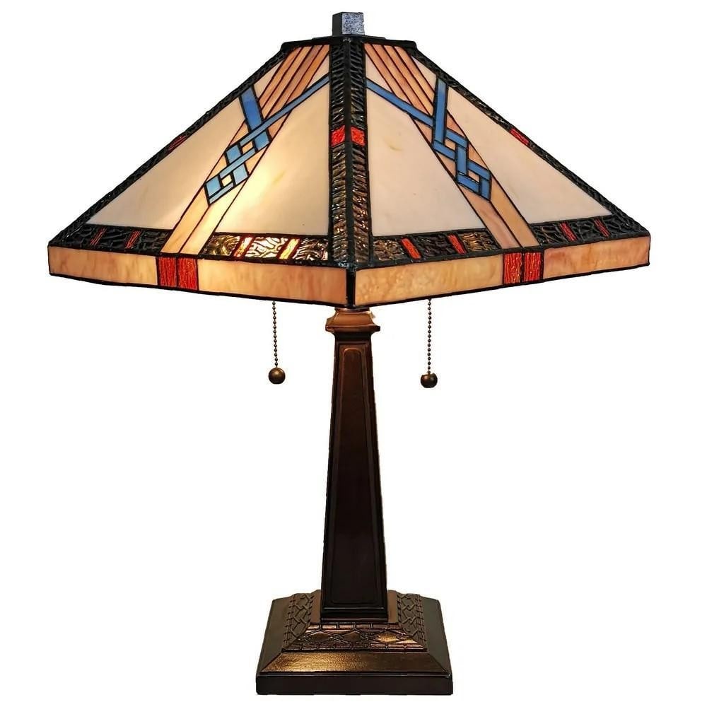 Tiffany-Style Two-Light Table Lamp – Geometric Multicolor: Tiffany-Style Two-Light Table Lamp – Geometric Multicolor Bring a warm, artistic glow to your space with this Tiffany-style two-light table lamp. Handcrafted with 176 pieces of multicolored art