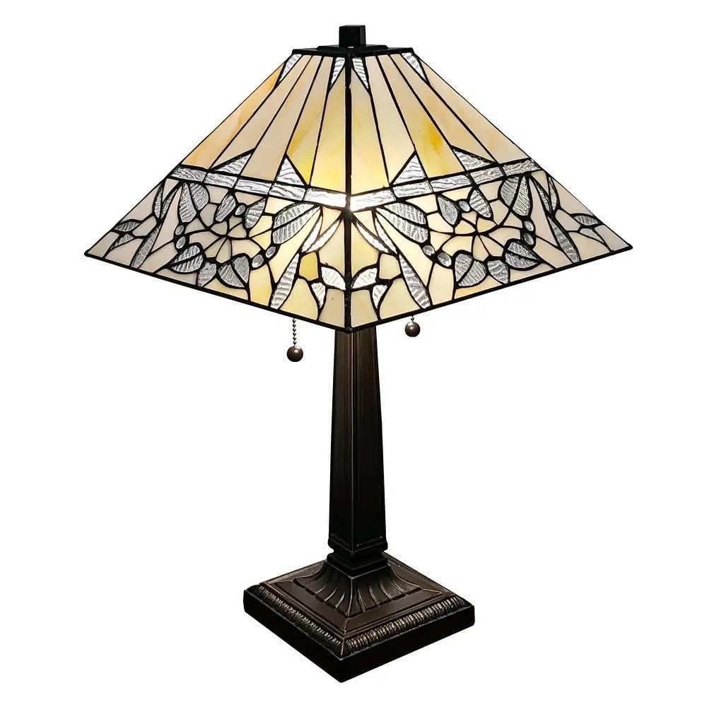 Tiffany Style Table Lamp in Ivory & Brown Antique Glass: Tiffany Style Table Lamp in Ivory & Brown Antique Glass Add classic vintage appeal to your space with this Tiffany style table lamp. The handcrafted stained glass shade features warm ivory and br