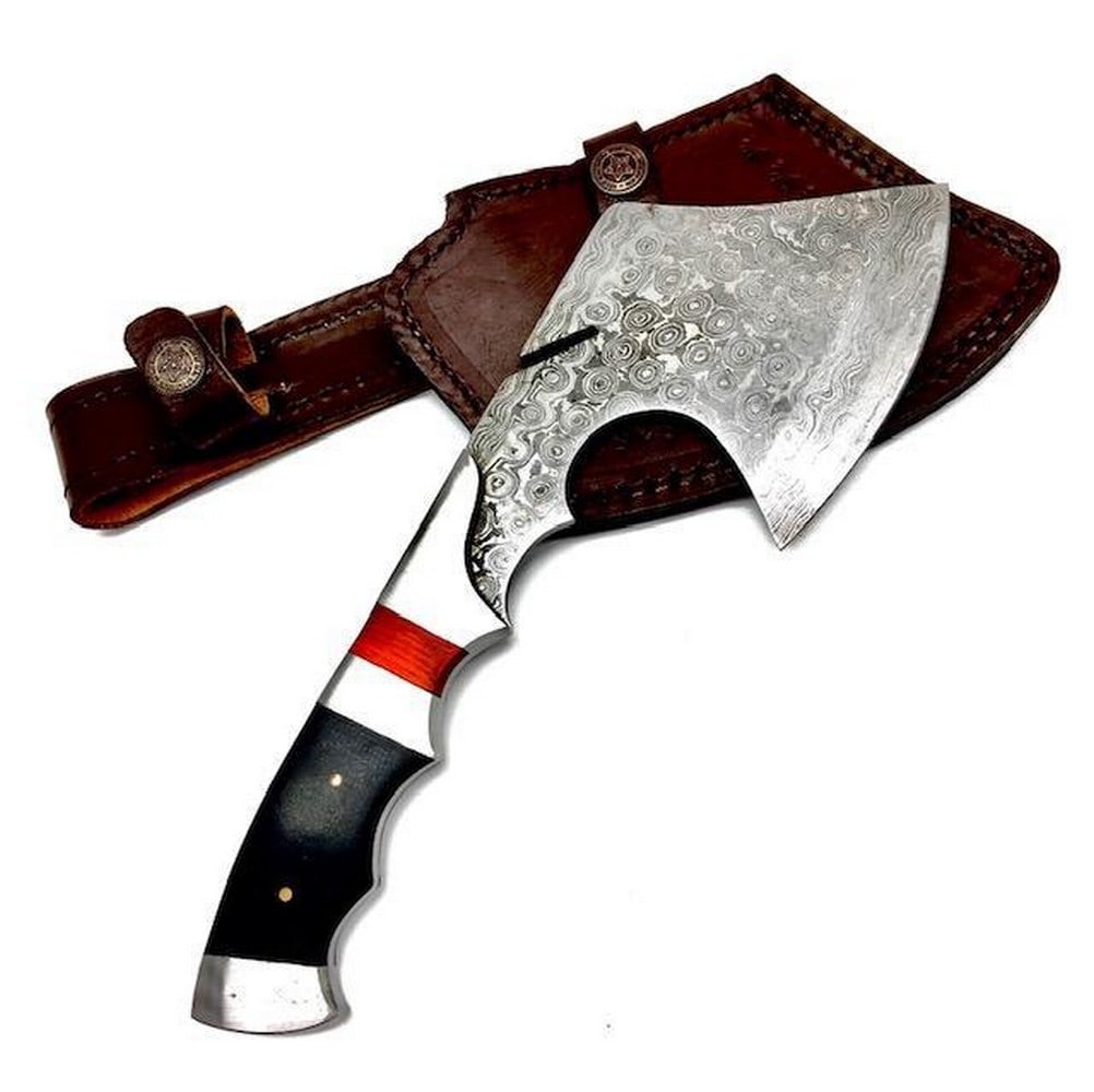 Full Tang Wood And Steel Handle Damascus Hatchet: 11 Inch Long Full Tang Wood And Steel Handle Damascus Hatchet. View Photos For Further Details.