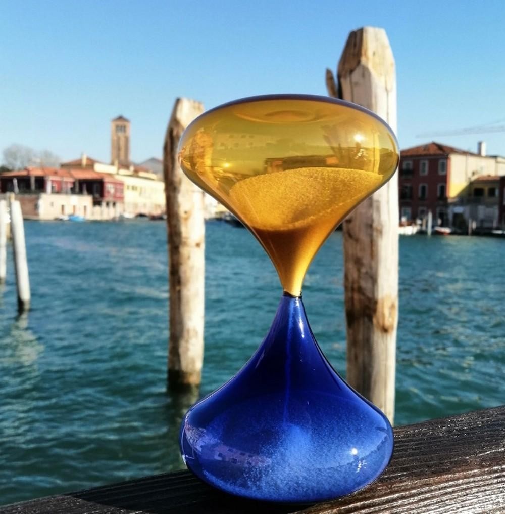 Yellow & Blue Murano Hourglass: Yellow & Blue Murano Hourglass Exclusive hourglass handcrafted using traditional glassblowing techniques. A functional and artistic paperweight, perfect for keeping your desk or table tidy. Also m