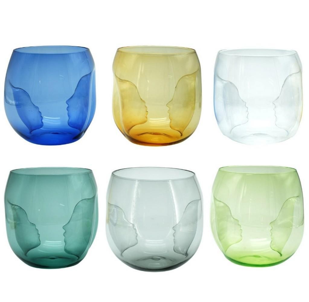 Drinking Glass Set – You and Me – Murano Glass: Drinking Glass Set – You and Me – Murano Glass Handmade in Murano and hot-shaped, this set of six glasses features two stylized faces within the design, inspired by the theme of love. Each
