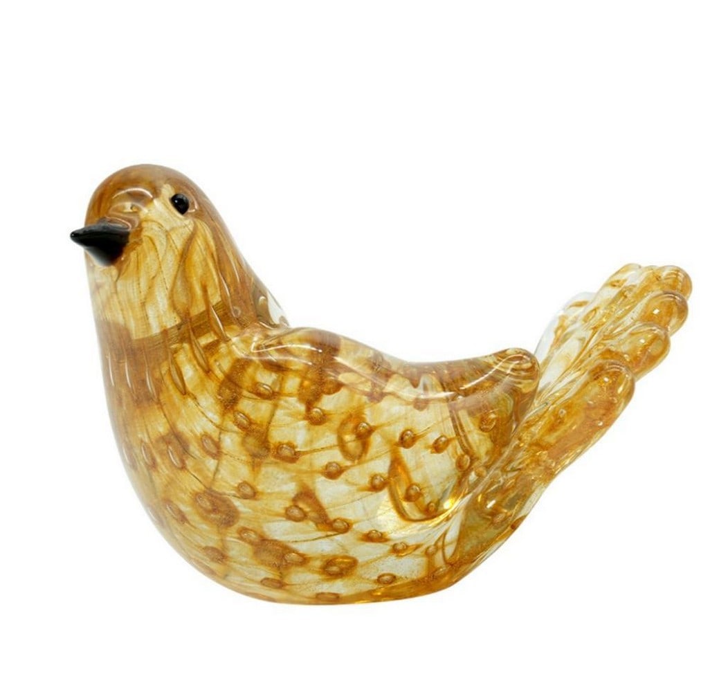 Amber Sparrow with Gold - Murano Glass Bird Sculpture: Amber Sparrow with Gold - Murano Glass Bird Sculpture A delightful handmade sculpture of a small bird, embellished with real gold decorations and crafted freehand on a punty in solid glass.