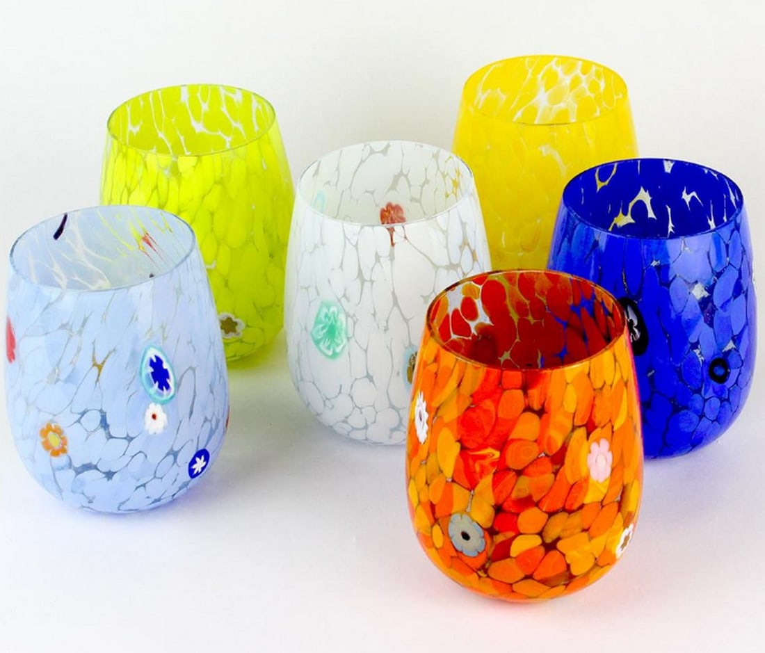 Set of 6 Spring Murano Glass Drinking Glasses: Set of 6 Spring Murano Glass Drinking Glasses This cool set of 6 glasses is crafted using the glass-blowing technique and adorned with exquisite millefiori. Ideal for everyday use, they are perfect fo