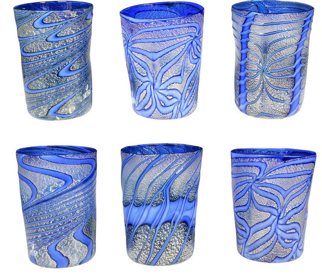 Laguna Tumblers Set with Silver - Murano Glass: Laguna Tumblers Set with Silver - Murano Glass This set of 6 glasses is entirely hand-blown and crafted by renowned Murano glass masters, featuring pure silver. The price is for a set of 6 glasses. Di