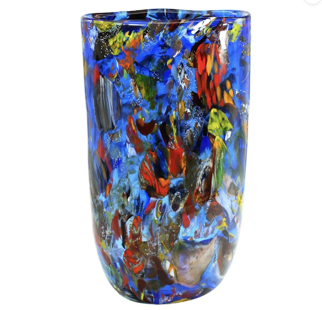Midnight Sun Multicolor Blue Murano Glass Vase: Midnight Sun Multicolor Blue Murano Glass Vase This handmade blown vase features a stunning blue hue, enhanced with multicolor and transparent glass. Crafted using a traditional Murano technique, sma