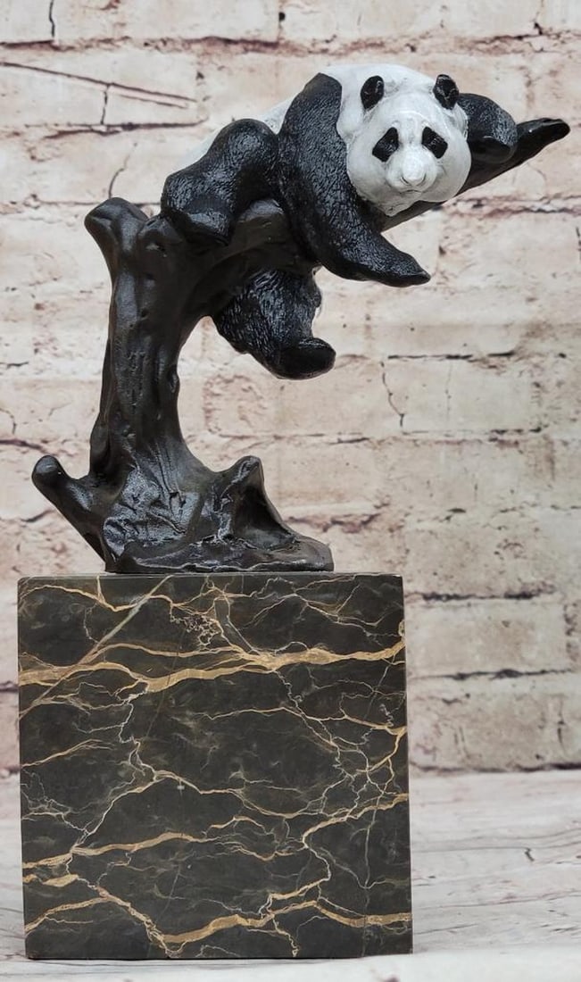 Signed Original Panda Dangling On Tree Branch Bronze Sculpture On Marble Base - 10" x 6" (1 of 7)