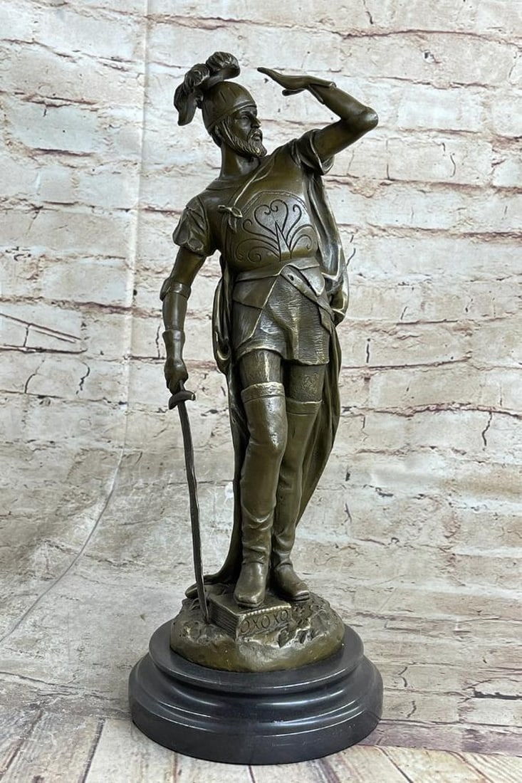 Bronze Roman Legion Soldier Sculpture by F. Pizarro - 15" x 7": Bronze Roman Legion Soldier Sculpture by F. Pizarro - 15" x 7" This striking bronze sculpture by F. Pizarro vividly depicts a Roman legion soldier standing resolutely amidst the aftermath of a
