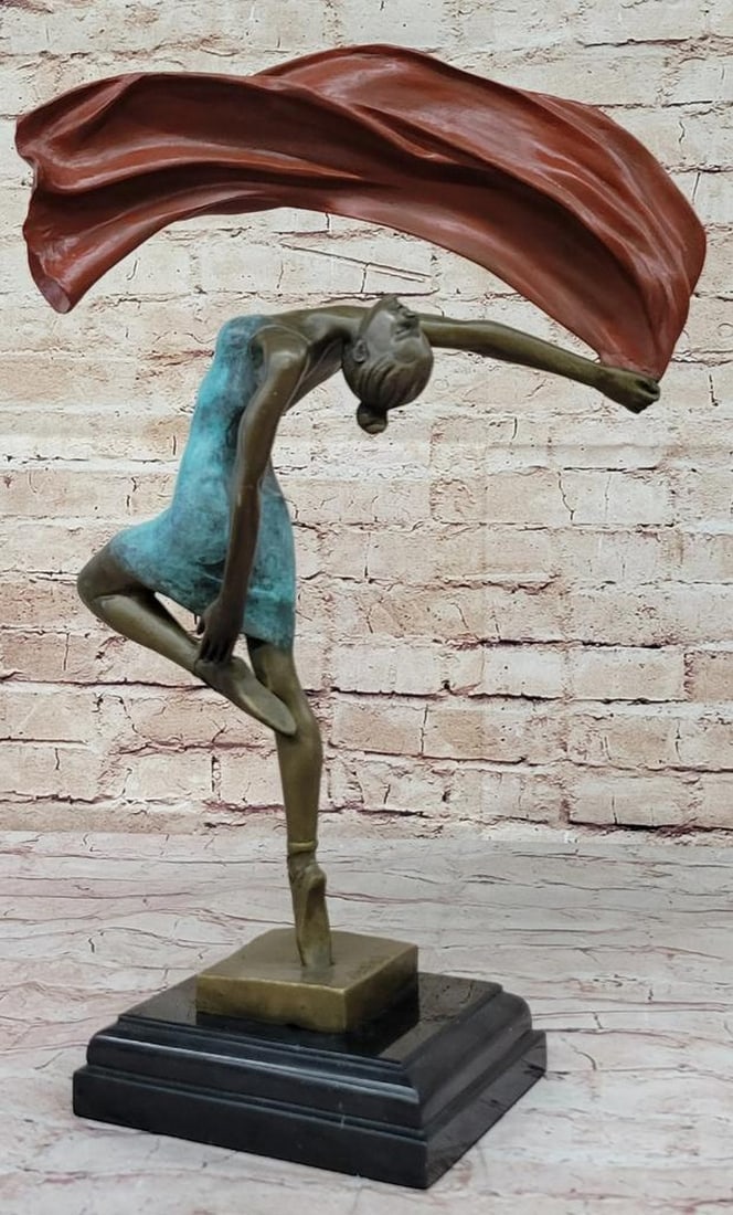 Original Bronze Dancer Sculpture by Aldo Vitaleh - 19" x 11.5": Original Bronze Dancer Sculpture by Aldo Vitaleh - 19" x 11.5" The sexy dancer is seen leaping into the air as a fabric banner, coated in a vibrant brown patina, twines itself around her scul