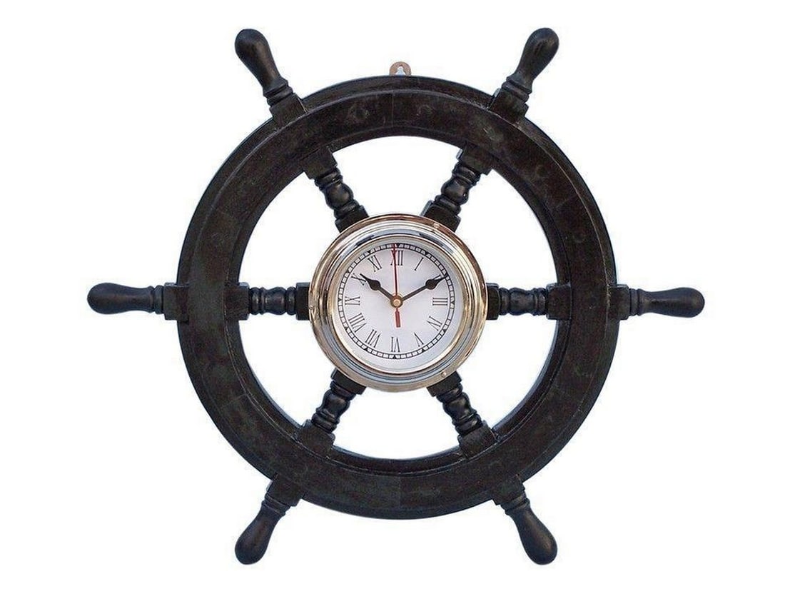 18" Premium Wood and Chrome Pirate Ship Wheel Clock (1 of 7)