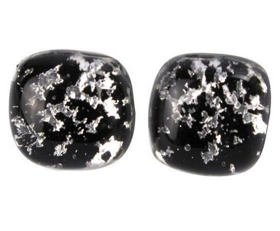 Murano Glass Black Silver Buttons Earrings: Murano Glass Black Silver Buttons Earrings Introducing our exquisite Glass Earrings, meticulously handcrafted using the lampworking technique with Murano glass. Made with Murano glass cane infused wit