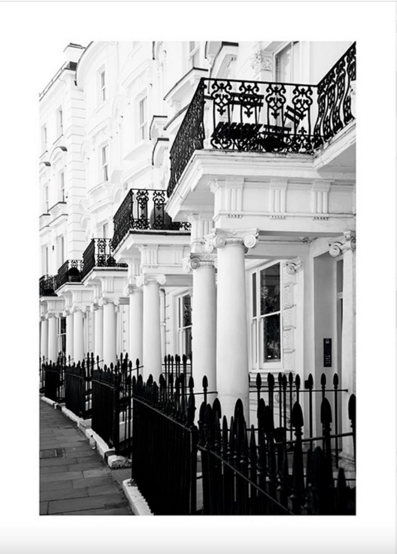 Black & White Notting Hill Street Poster Print: Black & White Notting Hill Street Poster Print Black-and-white photo poster from one of London’s most well-known districts - Notting Hill. The area is known for its beautiful architecture and,