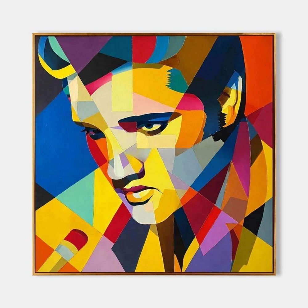 Elvis Echo Cubist Portrait Oil Canvas Painting: Elvis Echo Cubist Portrait Oil Canvas Painting Celebrate a cultural icon with Elvis Echo, a cubist portrait oil canvas painting that reimagines the King of Rock through bold geometry and vibrant color