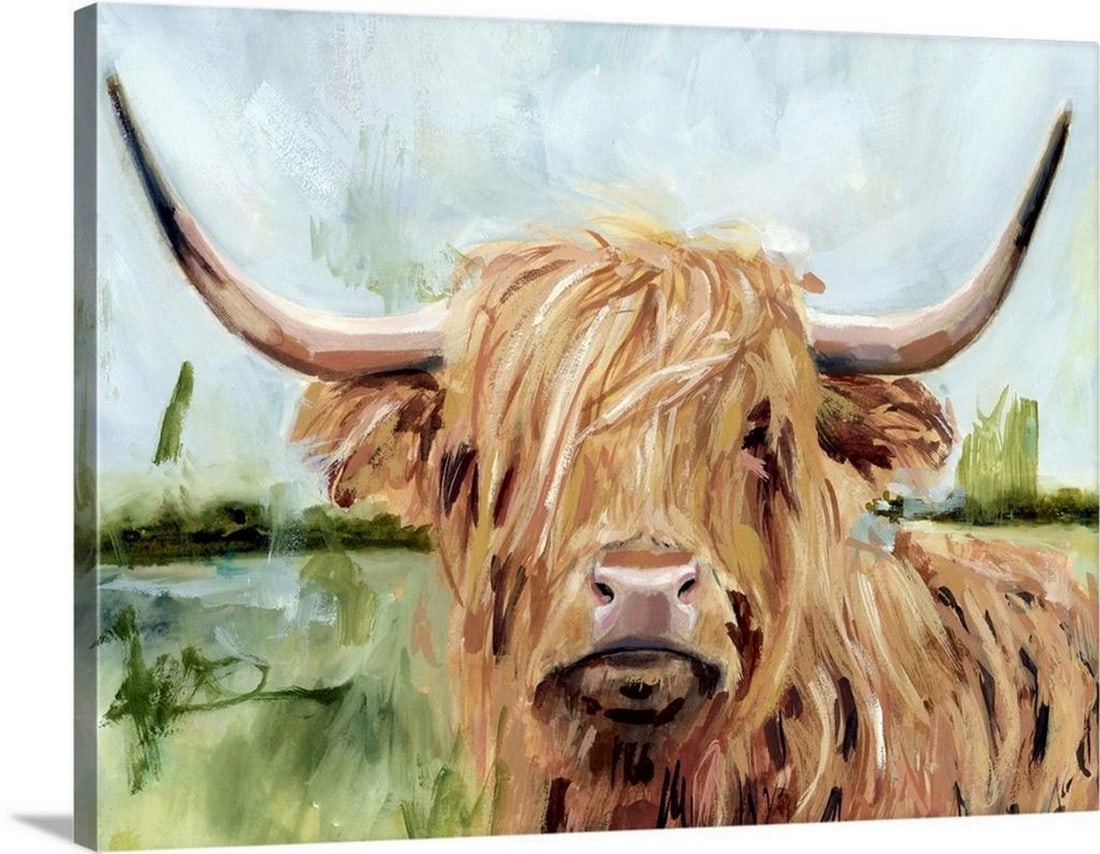 Highland Grazer I – Canvas Reproduction by Victoria Borges: Highland Grazer I – Canvas Reproduction by Victoria Borges Highland Grazer I captures the gentle presence of a Highland cow rendered in Victoria Borges’ whimsical and modern style. With soft tones