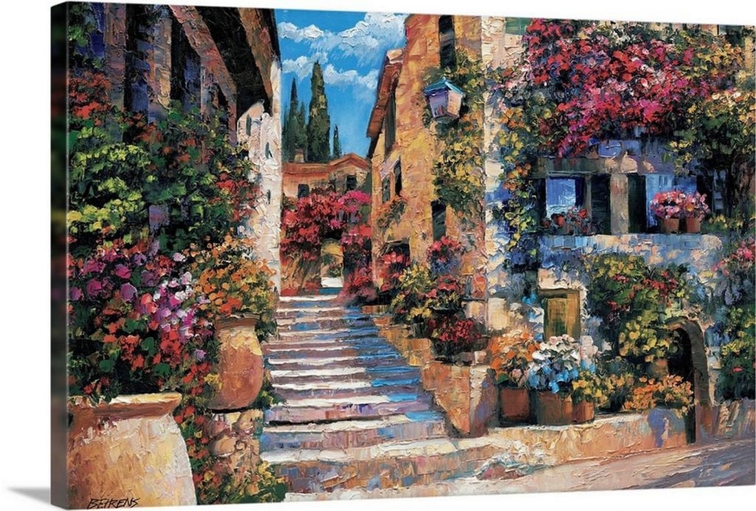 Riviera Stairs – Canvas Reproduction by Howard Behrens: Riviera Stairs – Canvas Reproduction by Howard Behrens Bring the charm of the Mediterranean coast into your space with Riviera Stairs, a vibrant canvas reproduction of Howard Behrens’ original wor
