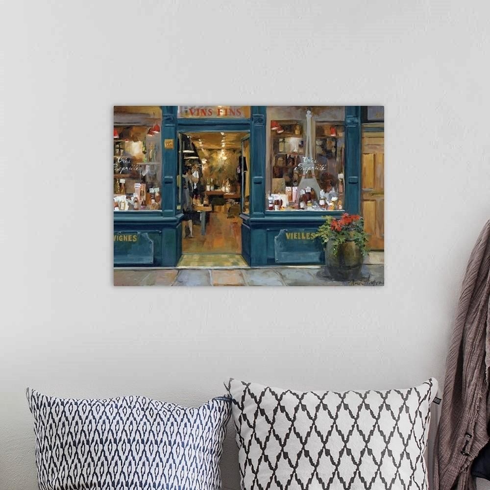 Parisian Wine Shop – Canvas Reproduction: Parisian Wine Shop – Canvas Reproduction Parisian Wine Shop depicts the inviting interior of a Parisian shop as seen from the front door, blending the charm of the street with the warmth of the inte