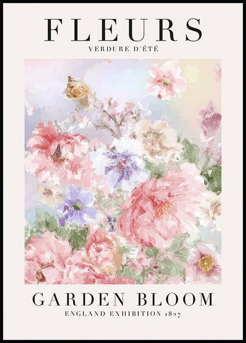 Fleurs Verdue d'Été: Garden Bloom England Exhibition 1827 Poster Print - 28" x 20": Fleurs Verdue d'Été: Garden Bloom England Exhibition 1827 Poster Print - 28" x 20" Elevate your space with our botanical art print, showcasing pink and purple flowers alongside the