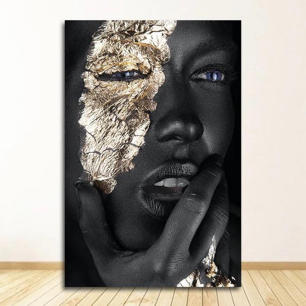 Golden Glow Picture: Golden Glow Picture. This stunning artwork captures the ethereal beauty of a lady adorned with shimmering gold foil on her face. This captivating piece blends modern artistry with a touch of glamour,