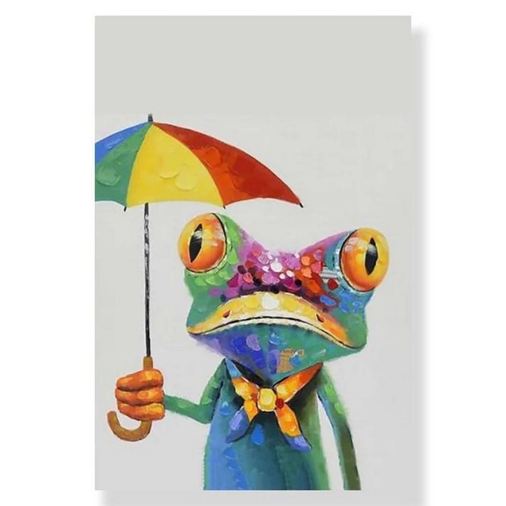A Whimsical Color Splash Picture: A Whimsical Color Splash Picture In this enchanting image, a colorful frog holds a rainbow umbrella, creating a delightful scene filled with whimsy and vibrancy. The umbrella, adorned with a spectrum
