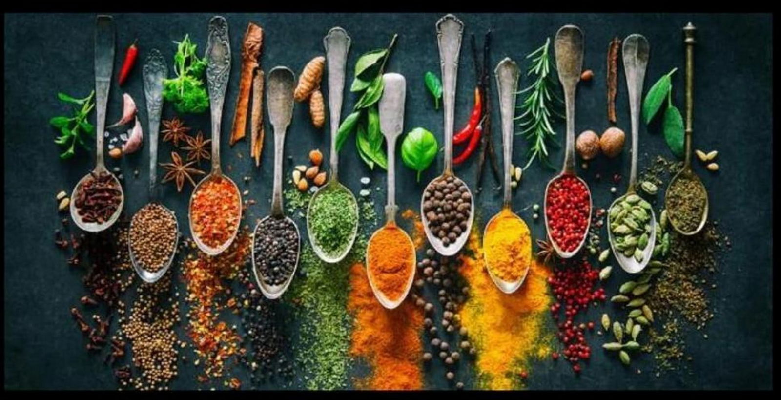 Aromatic Adventure: Spoons of Spice: Aromatic Adventure: Spoons of Spice Picture In this vibrant image, an array of spices is artfully arranged on spoons, showcasing a stunning palette of colors and textures. Each spoon is filled with