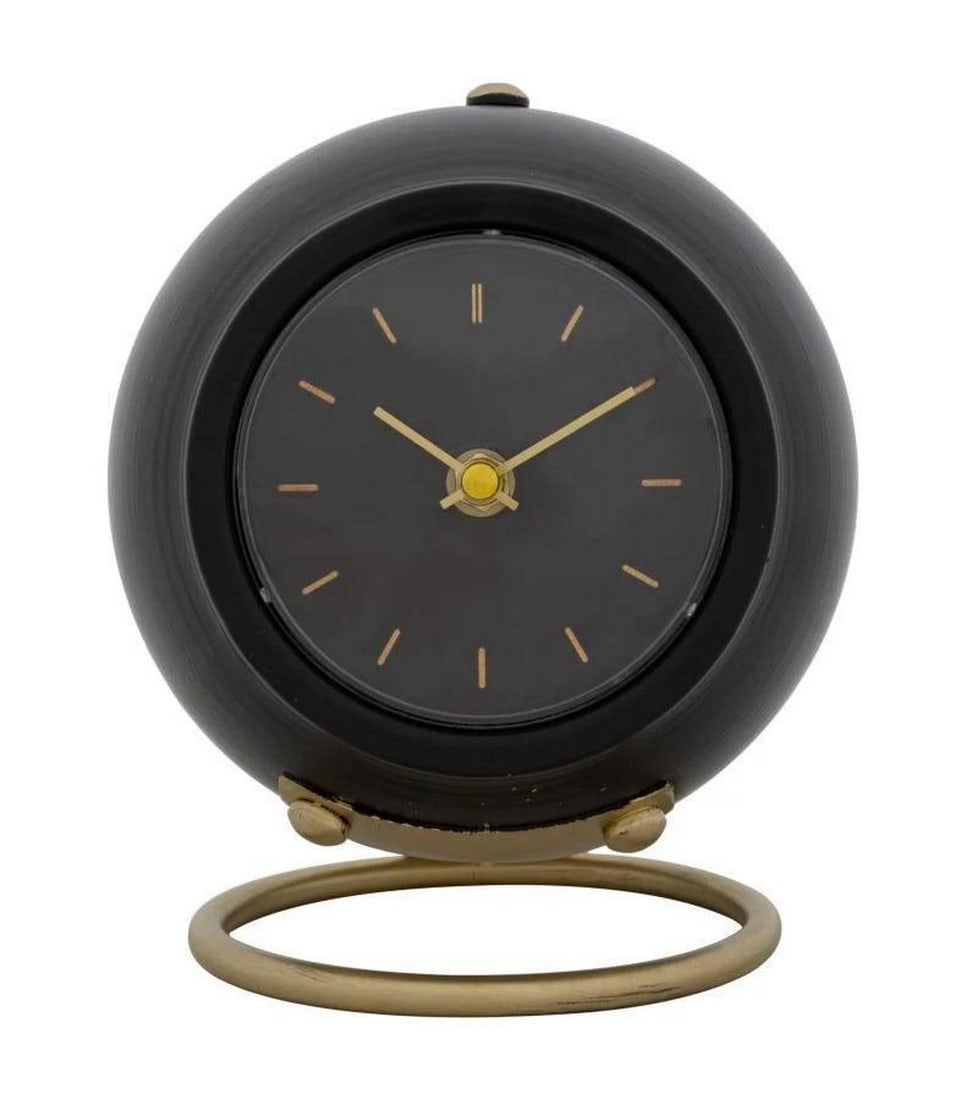 Elegant Bronze and Black Table Clock: Elegant Bronze and Black Table Clock This elegant table clock features a golden metal base with soft, rounded lines, combining classic design with timeless charm. Crafted from iron and plastic, it mak