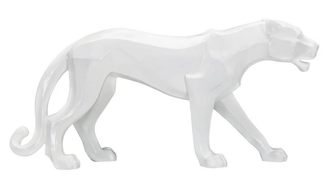 Cubist-Inspired White Panther Sculpture: Cubist-Inspired White Panther Sculpture This striking sculpture depicts a panther rendered in cubist-inspired geometric lines, giving it a modern and artistic flair. Crafted from durable polyresin,
