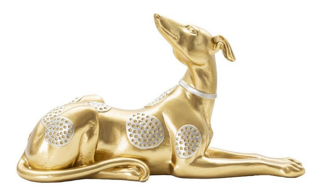 Golden Lying Dog Statue: Golden Lying Dog Statue Add a touch of serene elegance to your space with this modern golden lying dog statue. Crafted from durable polyresin, the sculpture features a sleek, minimalist design