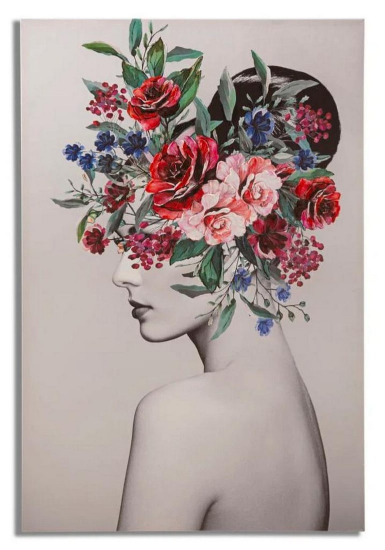 Modern Canvas Painting of a Lady with Flowers: Modern Canvas Painting of a Lady with Flowers This print brings color and character to any room, featuring a striking portrait of a woman adorned with intricate painted floral details. Designed to
