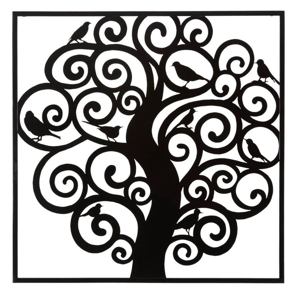 Black Metal Tree Wall Art: Black Metal Tree Wall Art Decorative 3D wall panel featuring a tree with birds, characterized by soft, rounded lines, all enclosed in a square frame. Material & Features Iron Parameters
