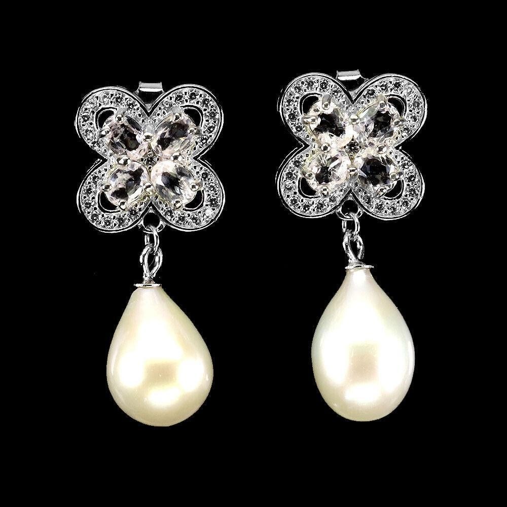 Natural Oval Morganite & Pearl Sterling Silver Dangle Earrings (1 of 3)