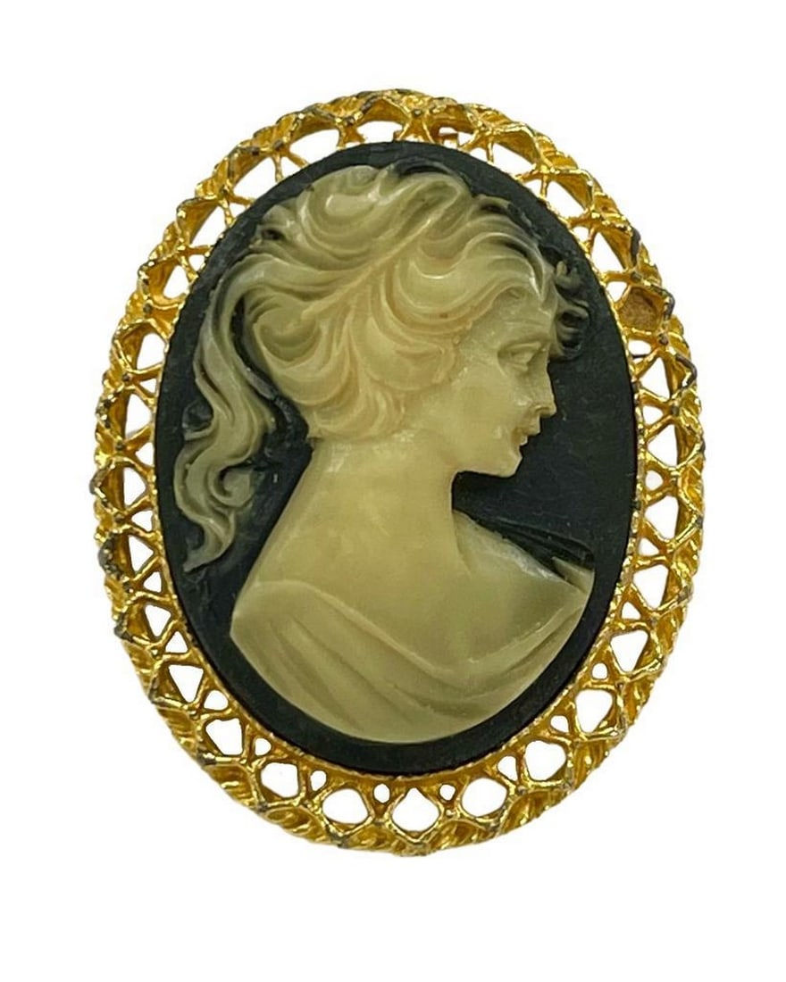 Victorian Era Lady Vintage Gold Cameo Brooch: Victorian Era Lady Vintage Gold Cameo Brooch Step into the Victorian Era's allure with our Golden Noir Elegance Cameo Brooch. Meticulously crafted, this piece features a delicately carved