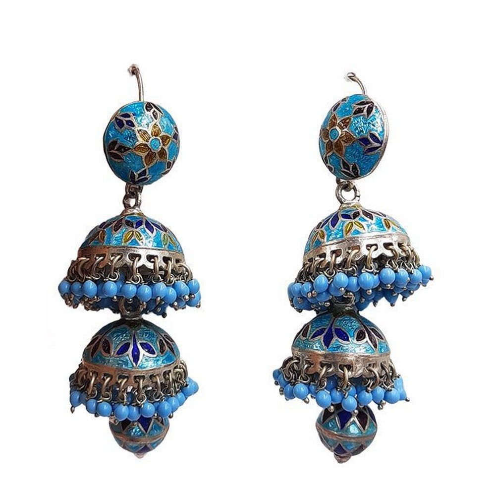 Traditional Blue Jhumka Earrings: Traditional Blue Jhumka Earrings These stunning blue earrings have an intricate and unique design. These traditional Indian earrings replicate a bell shape. View Photos For Further Details.