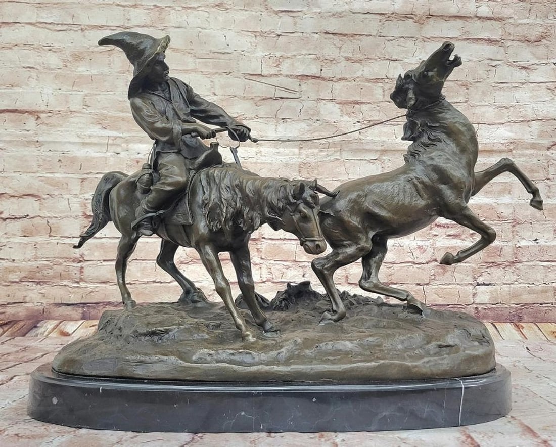 Breaking in a Wild Horse Bronze Sculpture Inspired by E. Nahcepe - 16" x 23": Breaking in a Wild Horse Bronze Sculpture Inspired by E. Nahcepe - 16" x 23" This dynamic bronze sculpture, Breaking in a Wild Horse, captures the raw intensity of man versus nature. A skille