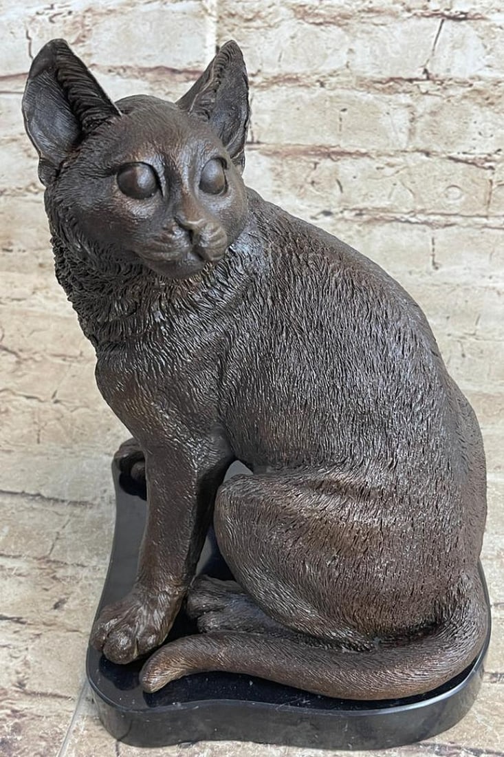 Art Deco Stray Cat Original Bronze Statue - 12" x 8": Art Deco Stray Cat Original Bronze Statue - 12" x 8" In the serene twilight, a cat, having enjoyed a peaceful catnap, gracefully sits and observes its surroundings. Called by its owner for a