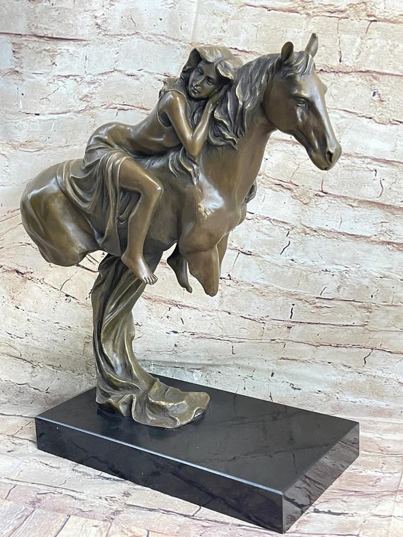 Modern Art Equestrian Original Bronze Statue - 17" x 15": Modern Art Equestrian Original Bronze Statue - 17" x 15" This exquisite abstract sculpture captures serene creativity, featuring a beautiful woman reclining on a horse in a striking pose. The