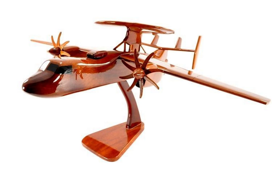 E-2C Hawkeye Wooden Model: E-2C Hawkeye Wooden Model This scale model of the E-2 Hawkeye aircraft is meticulously handcrafted from solid mahogany and finished with multiple coats of polyurethane to enhance the intricate detaili