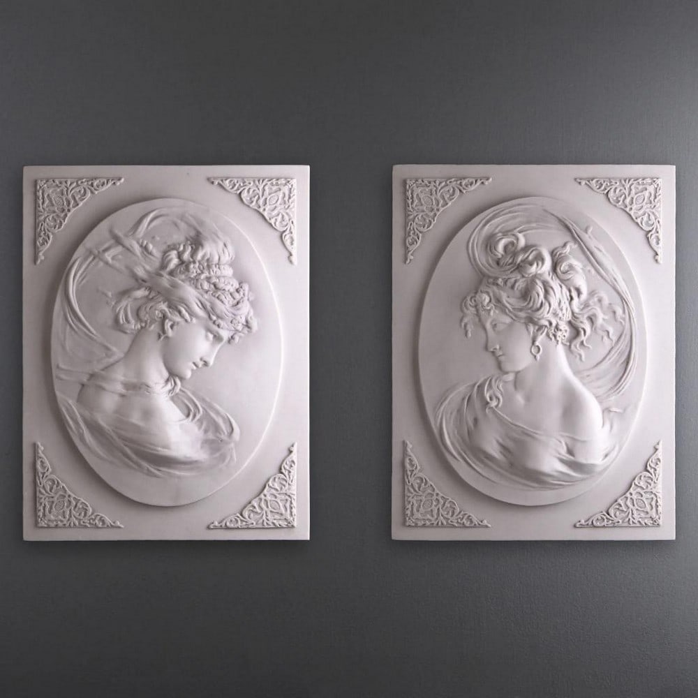 Regal Profiles: Pair of Lady Head Bas-Relief Portraits - 16" x 11.7": Regal Profiles: Pair of Lady Head Bas-Relief Portraits - 16" x 11.7" Introducing our "Regal Profiles: Pair of Lady Head Bas-Relief Portraits." This exquisite set features two charming